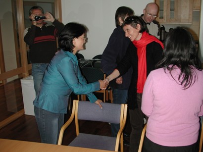 photo: Cathy greets members of the resource group during their first day at MediaLT.