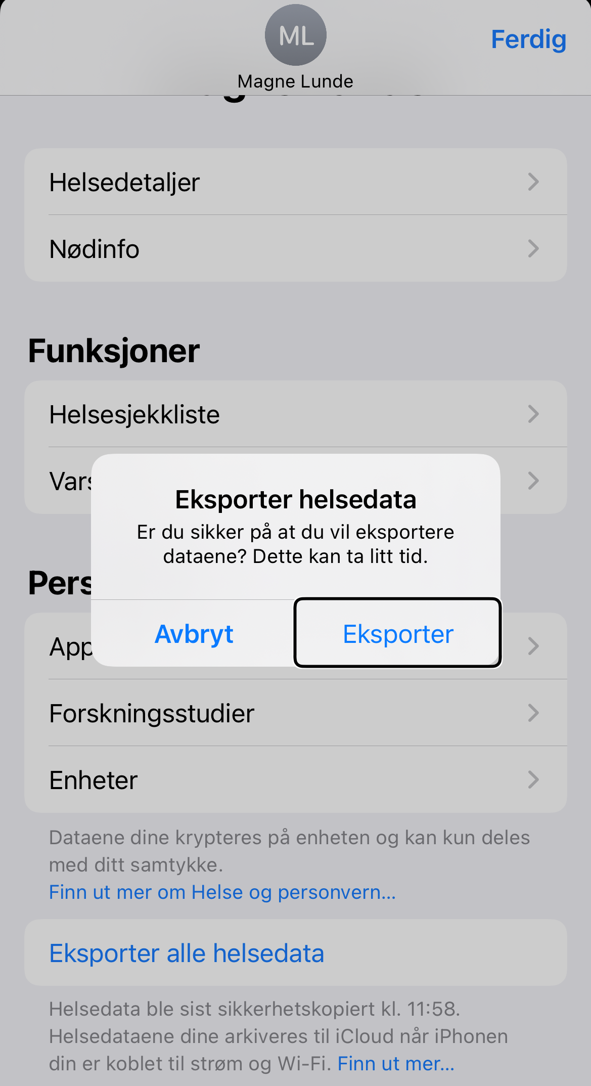 iPhone med dialogboks om du vil eksportere helsedata i appen Helse