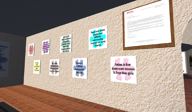 Figure 4: View of bulletin board in the Autism Society of America's island in Second Life. The ASA hosts in-world meetings and events.