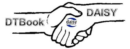 The figure shows a handshake between two hands. One hand is titled DTBook, the other is titled DAISY