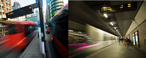 The figure consists of two images, from a bus/tram stop and a subway station respectively, each showing LED displays of the hanging variety.