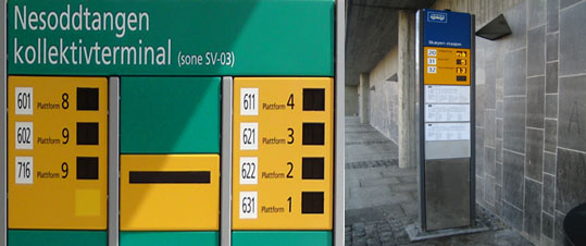 The figure consists of two images, each showing pillar based LED displays. The route names and numbers are static, while the waiting time in minutes is shown dynamically