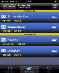 The figure shows a screenshot from Trafikanten's iPhone application, displaying upcoming departures from the Smestad bus stop.