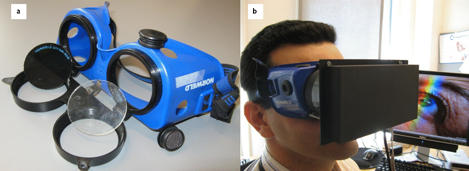 Shows a) the de-assembled welding goggles and b) the camera and electronic inside a black plastic cover is mounted on the welding goggles.
