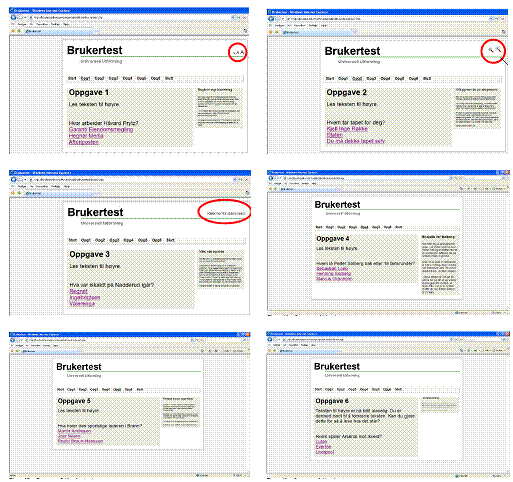 The figure shows six screenshots of the six test scenarios described herein.