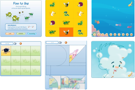 Screen shots top left and top middle: Find pairs, top right corner: Count the fish, bottom left corner: Figure Memory, bottom middle: Drag and drop puzzle, bottom right corner: Connect the dots.